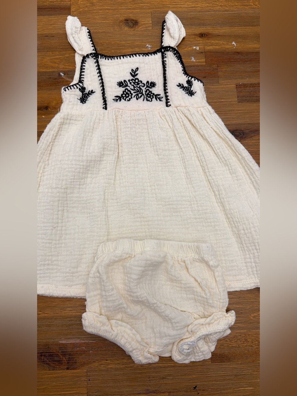 Cream Baby Dress with Black Embroidered Bodice and Bloomers